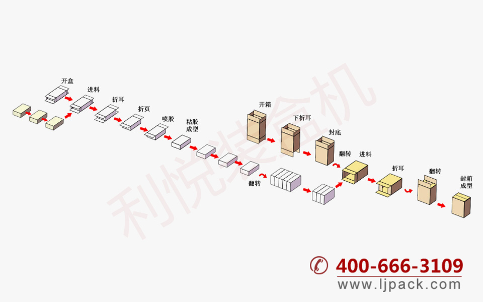 立式自動(dòng)裝盒裝箱包裝生產(chǎn)線包裝流程示意圖